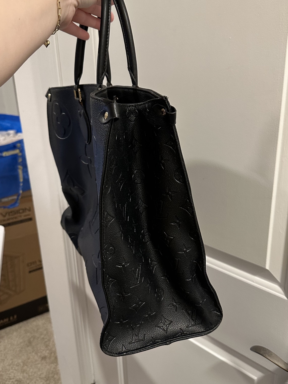 Large Black Embossed Leather Tote with Top Handles - Picture 11 of 14